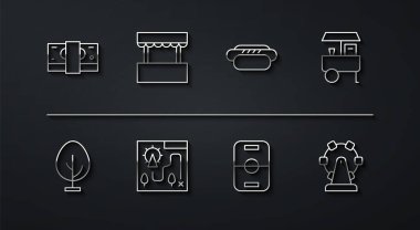 Hat Stacks kağıt para, Fast Street yemek arabası Hokey masası, eğlence parkı haritası gişe hasılatı, dönme dolap ve Hotdog ikonu. Vektör.