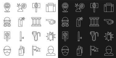 Hat Vandal Hand el bombası Islık Protesto Biber gazı gaz maskesi konum barışı ve cezaevi pencere simgesi. Vektör.