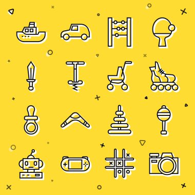 Fotoğraf makinesi, oyuncak bebek çıngıraklı yılan, patenli abaküs pogo, zıplayan kılıç oyuncağı teknesi ve bebek arabası ikonu. Vektör.