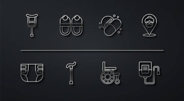 Koltuk değnekleri ya da koltuk değnekleri, yetişkin bezi bebek bezi, tekerlekli sandalye bastonu, baston ayakkabı çantası, IV çanta ve ilaç hapı ikonu. Vektör.