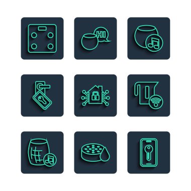 Hattı ayarla Su sensörü akıllı anahtar ev dijital kapı kilidi banyo terazisi ve elektrikli su ısıtıcısı ikonu. Vektör.