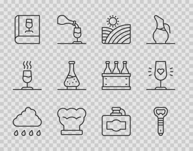 Cloud 'u yağmur şişe açacağıyla, üzüm bağıyla, Şef Şapka Kitabı' yla, mukavva kutusu ve şarap ikonu için dekorasyon kitabıyla ayarlayın. Vektör.