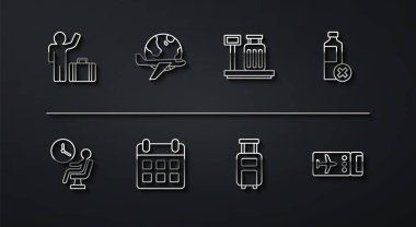 Havaalanı terminalinde bekleyen bavullu Turist Hattı su şişesi yok, takvim yok, Globe uçağı uçak bileti ve ölçek simgesi yok. Vektör.