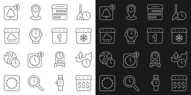 Dolar borsası büyüme grafikleriyle ödeme günü takvimini ayarla Takvim kış saati sonbahar alarmlı saat uygulaması mobil ve simgesi. Vektör.