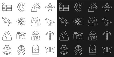 Boynuzlu miğferli Viking hattı, İzlanda 'nın Balık Bayrağı ve Şelale ikonu Albatros Atı direksiyon simidi. Vektör.