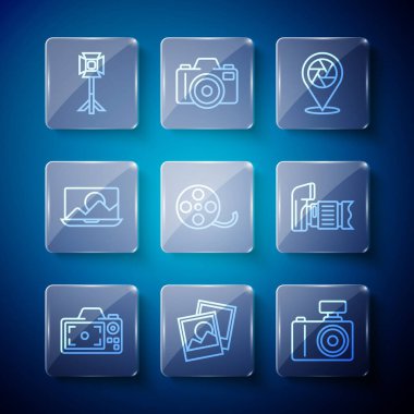 Foto kamera çerçevesi kamera deklanşör film makarasını ayarlayın. Stüdyo ampulü softbox ve simgesine rötuş edin. Vektör.