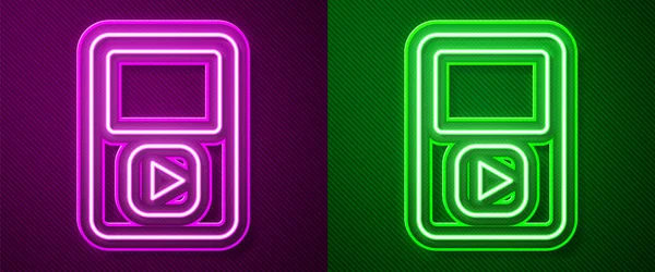 Parlayan Neon Çizgisi Müzik Çalar Simgesi Mor Yeşil Arkaplanda Izole — Stok Vektör
