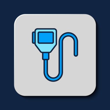 Mavi arkaplanda izole edilmiş ana hatlı telsiz ikonu. Taşınabilir radyo vericisi simgesi. Radyo alıcı-vericisi işareti. Vektör.