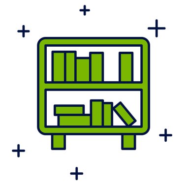 Rafta beyaz arkaplanda izole edilmiş kitap simgesiyle dolduruldu. Raflar işaretli. Vektör.