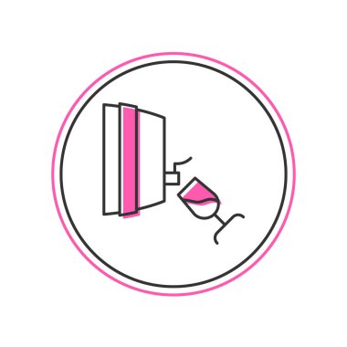 Doldurulmuş şarap tadımı, beyaz arkaplanda izole edilmiş degulasyon simgesi. Bardaklı şarap için tahta fıçı. Vektör.