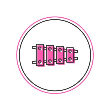 Xylophone ana hatlarıyla doldurulmuş - 13 tahta çubuklu müzik aleti ve beyaz arka planda izole edilmiş iki perküsyon tokmağı. Vektör.