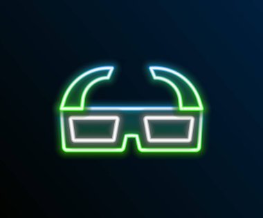 Parlayan neon hattı 3D sinema gözlüğü simgesi siyah arkaplanda izole edildi. Renkli taslak konsepti. Vektör.