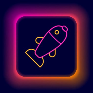 Parlayan neon hattı. Siyah zemin üzerinde balık simgesi izole edildi. Renkli taslak konsepti. Vektör.