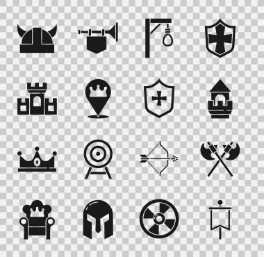 Ortaçağ bayraklarıyla Ortaçağ baltalarını, Kale Kulesini, Darağacı Kalesi 'nin kralını, Viking boynuzlu miğferini ve Kalkan ikonunu çaprazlayın. Vektör.