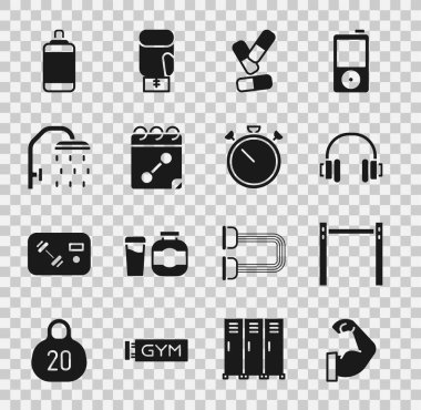 Vücut geliştirici kas yatay bar kulaklıkları, vitamin hapı takvimi, duş başlığı kum torbası ve Kronometre simgesini ayarla. Vektör.