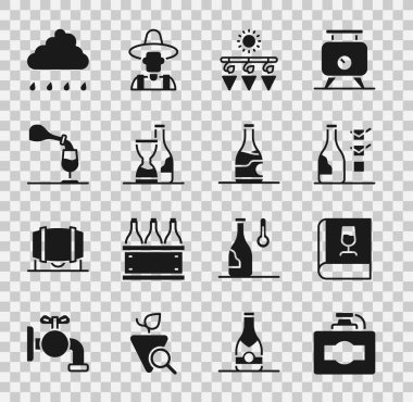 Şişe Kurutulmuş üzümler, yağmur ve ikonla kurutulmuş şarap tatma bulutu hakkında karton şarap kutusu hazırlayın. Vektör.