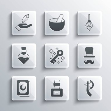 Şişe ile tahta baltayı birleştir Sihirbaz Eski sihirli Tarot kartları taşı ve simgesi. Vektör.