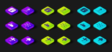 Uydu Bulutu 'nu Smart Car System Network çanağı ve kablosuz internet ikonu indirmeye ayarlayın. Vektör.