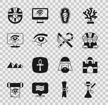 Nargile, Mısır evi Sfenks mumya lahiti Horus Firavunun Gözü, Crook ve Flail ikonu. Vektör.