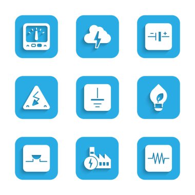 Elektrik sembolü zemin nükleer santrali direncini elektrik devresi ampulünde yaprak Buzzer High voltaj DC kaynağı ve Ampere metre multimetre ikonu ile ayarla. Vektör.