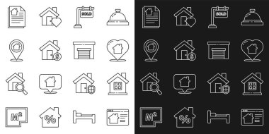 Çevrimiçi Emlak Evi, kalp şeklinde asılma işareti var. Dolar sembolü satıldı. Konum sözleşmesi ve garaj ikonu. Vektör.