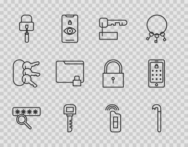 Uzaktan ve Mobil grafik şifre simgesine sahip klasör ve araba için satır Parola Koruması İşaretli Anahtar Kilidi penaları ayarlayın. Vektör.
