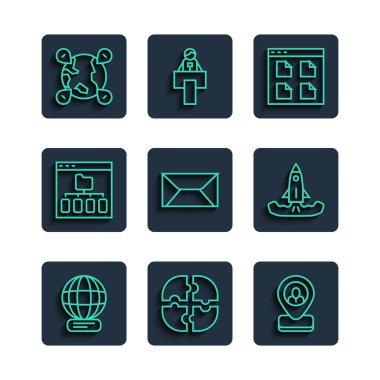 Dünya çapındaki yapboz işçisi konumunu ayarla Tarayıcı dosyaları Zarf Konumu dünya ve roket simgesi. Vektör.