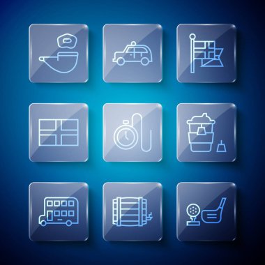 Çift katlı otobüs otobüs ahşap golf sopası çizgisinde İngiltere bayrak direği bayrak direği izleme kolunda ve kahve fincanı ikon haline gelsin. Vektör.