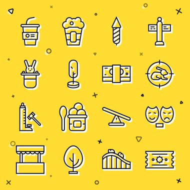 Çizgi Bilet Komedisi ve Trajedi Maskeleri tavşanla avlanır Havai fişek Roketi Ağacı Sihirbazı şapkası, kağıt cam su ve kağıt para ikonu. Vektör.