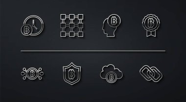 Bitcoin hattını saat devresi ile ayarla Kripto para bulutu madencilik kalkanı bitcoin blok zincir teknolojisi zincir bağlantı ve ikon düşünün. Vektör.