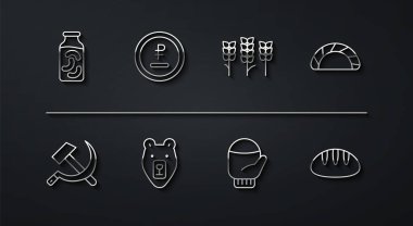 Kavanozda salatalık turşusu ve orak SSCB Dumpling Christmas Bear ruble ruble para birimi ekmek ve buğday ikonu. Vektör.