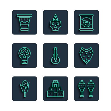 Mısır Chichen Itza in Maya Maracas Beans Meksika gitar davulu ve panço ikonu. Vektör.