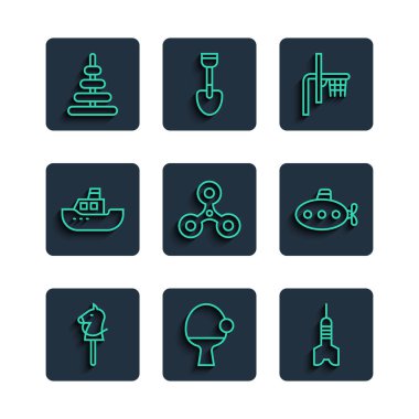 Oyuncak at raketi ve top oklu basketbol topu Fidget dönen tekne piramit oyuncağı ve denizaltı ikonu. Vektör.