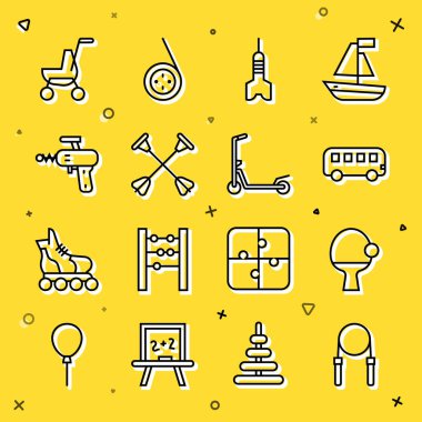 İp atlama raketi ve top otobüsü oyuncağı Dart oku, Ray tabancası, bebek arabası ve Scooter ikonu. Vektör.