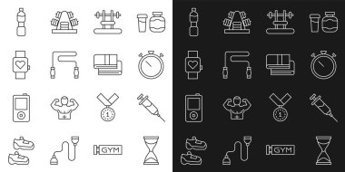 Eski Kum Saati Doping şırıngası Barbel Zıplama halatıyla Bench Akıllı Su Şişe ve Havlu Yığını simgesi. Vektör.