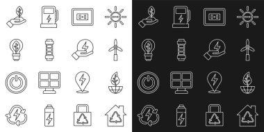Dünya küresi ve yaprak rüzgar türbini elektrik prizi pili ampul fabrikası eli ve şimşek cıvata ikonu ile Eco House hattını ayarlayın. Vektör.