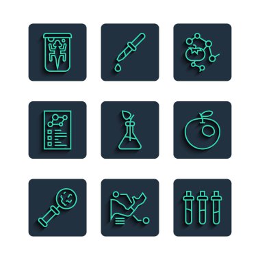 Çizgi mikroorganizmaları büyüteç protez el reaksiyonu şişesinin altına yerleştir genetik olarak modifiye edilmiş besin bitkisi üretimi klinik kayıtları deneysel hayvan ve elma ikonu. Vektör.