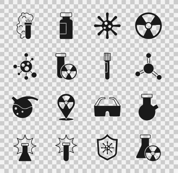 Set Tubo Ensayo Radiación Matraz Molécula Bacterias Explosión Química Icono — Archivo Imágenes Vectoriales