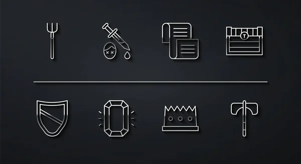 ラインを設定ガーデンピッチフォークシールドアンティーク宝箱キングクラウン中世の斧と命令羊皮紙スクロールアイコンとダイヤモンド剣 ベクトル — ストックベクタ