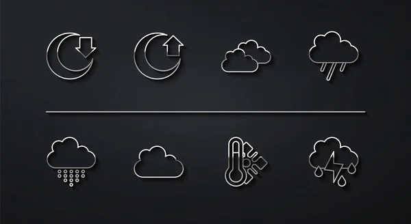 Définir Ligne Lune Nuage Avec Pluie Météorologie Thermomètre Foudre Icône — Image vectorielle