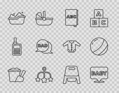 Sand in the bucket with shovel Baby ABC book beşiği asılan oyuncaklar jakuzi konuşma balonu baba lazımlığı ve plaj topu ikonu. Vektör.