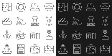 Köpekbalığı yüzgecini okyanus dalgası yüzgecine ayarla. Havlu gemisinin kaptanı Hanger Cruise gemisinin batan gemi rotasında. Katlanmış harita ve aşçı simgesi. Vektör.