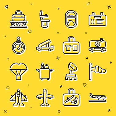 Uçak Konisi Meteoroloji Rüzgâr Soğu Yakıt Tankeri Uçak Uçak Pencere Yolcu Merdiveni Barometre Taşıyıcı Şeridi 'ni bavul ve Bavul ikonu ile ayarlayın. Vektör.