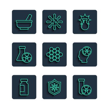 Test tüpü ve matara kalkanını virüs radyasyonundan koruyan molekül havan topuzu ve kafa sembolü ikonuna ayarlayın. Vektör.