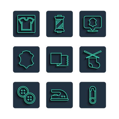 Hat dikiş düğmesi elektrikli demir güvenlik iğnesi deri kumaş rulo deseni ve örgü iğneleri ikonu. Vektör.