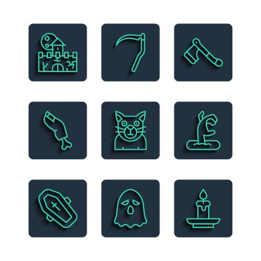 Tabut 'u haç şeklinde yanan bir mumla, tahta baltayla, Kedi Zombi Kalesi parmak kalesiyle ve el ikonuyla dizin. Vektör.