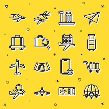 Hat Globe 'u uçuş uçağı Trolley bagaj bavulu bavulu kayıp konveyör bandı uçak, takvim ve uçak ikonu ile ayarla. Vektör.