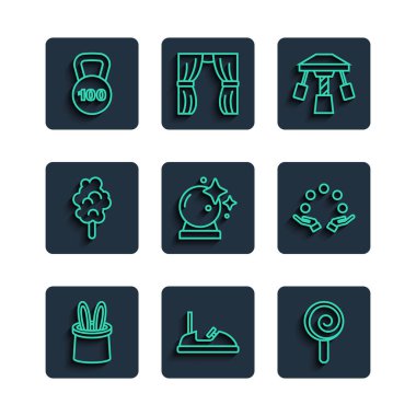 Sihirbaz şapkası ve tavşan kulakları. Tampon araba. Lolipop atlıkarınca, pamuk şeker ağırlığı ve hokkabazlık ikonu. Vektör.