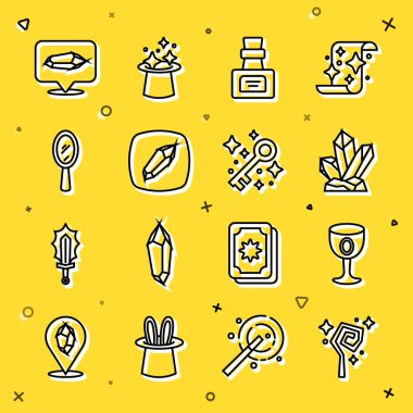 Sihirli değnek Ortaçağ Kadeh Taşı Şişe iksir el aynası ve eski sihirli anahtar ikonu ile. Vektör.