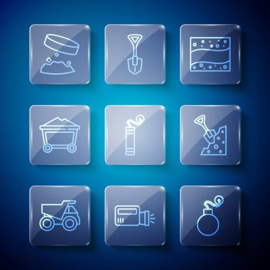 Madencilik çöp kamyonu Flashlight Bomba Madeni Dinamit, kömür vagonu demir tozu, kürek ve taş ikonu taşıyan dev mıknatıs. Vektör.